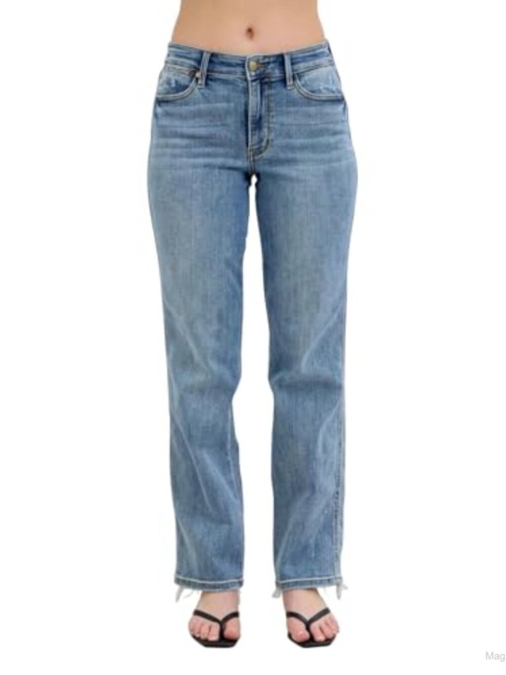 Mid Rise Cell Phone Pocket Dad Jeans Relaxed Straight Stretch Denim